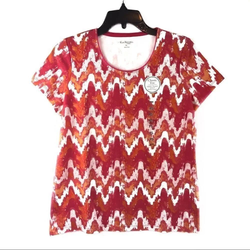 Kim Rogers Tee Shirt Round Neck Aztec Print Red Orange White Petite Small